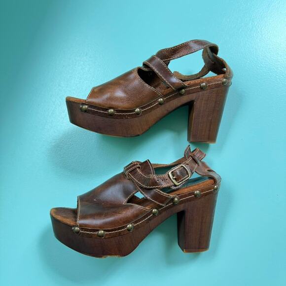 Vintage Y2K Brown leather block heel platform sandals with buckles - Size 9 - Picture 2 of 8